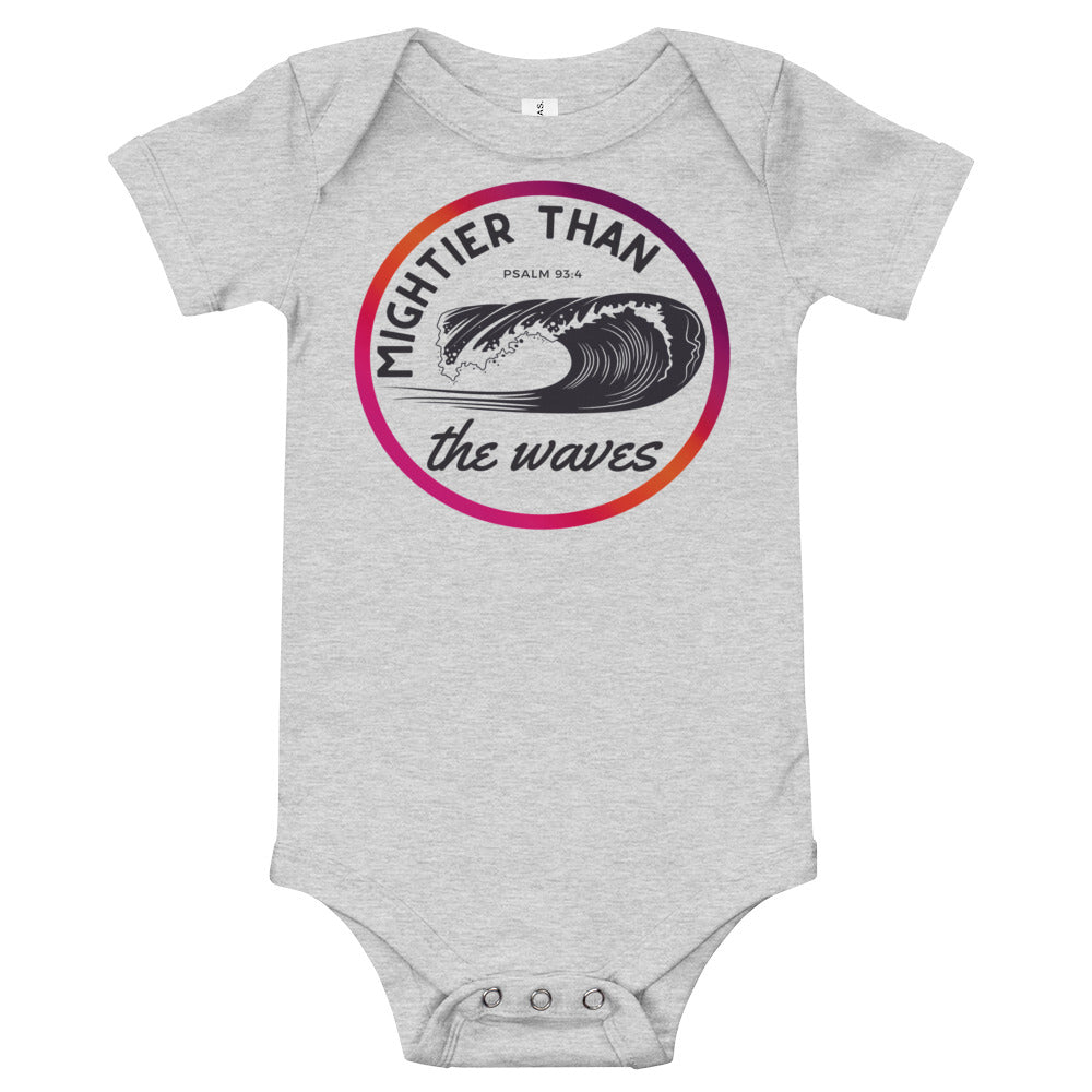 Baby bodysuit | Mightier than the waves | Psalm 93:4 | Sunset gradient