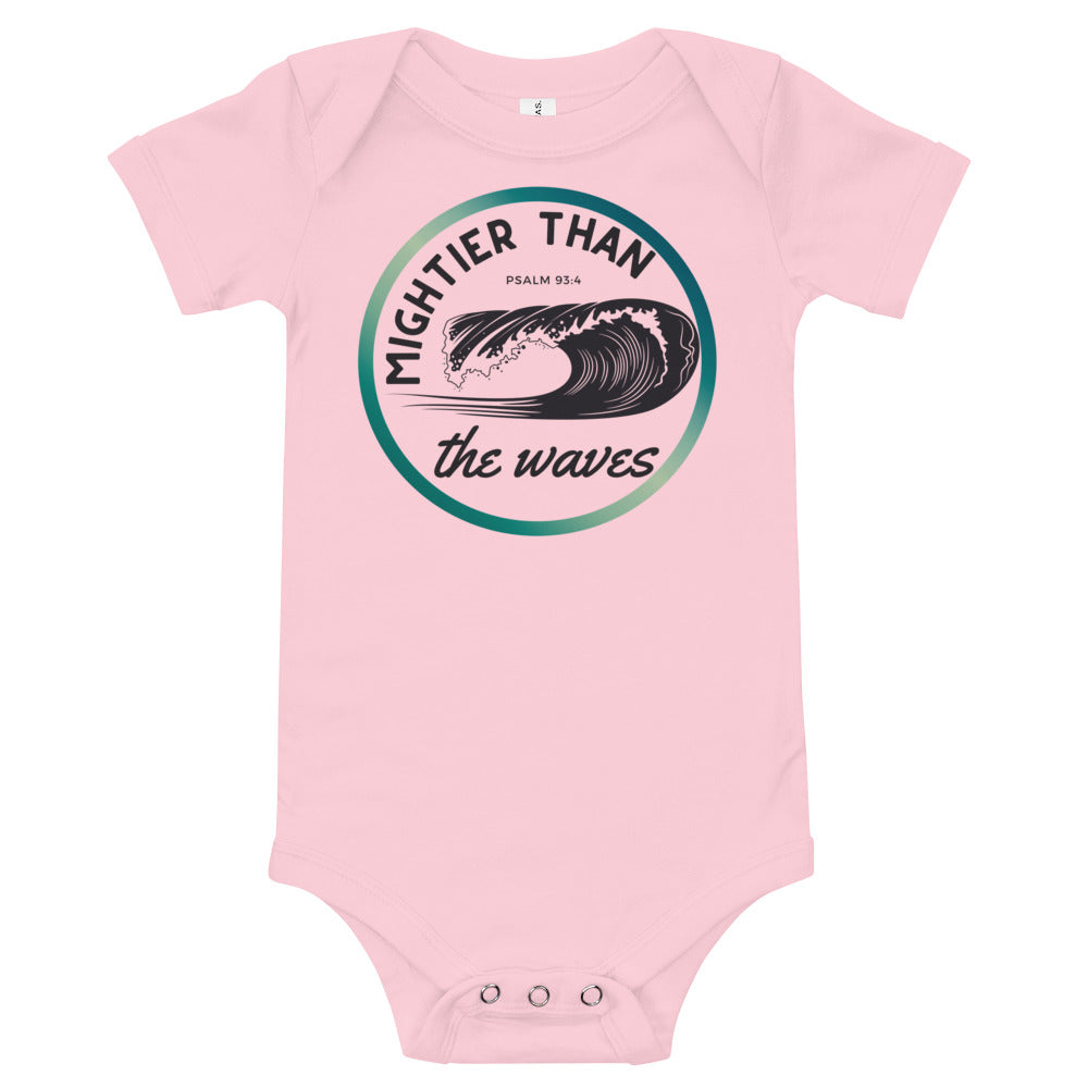 Baby bodysuit | Mightier than the waves | Psalm 93:4 | Teal gradient