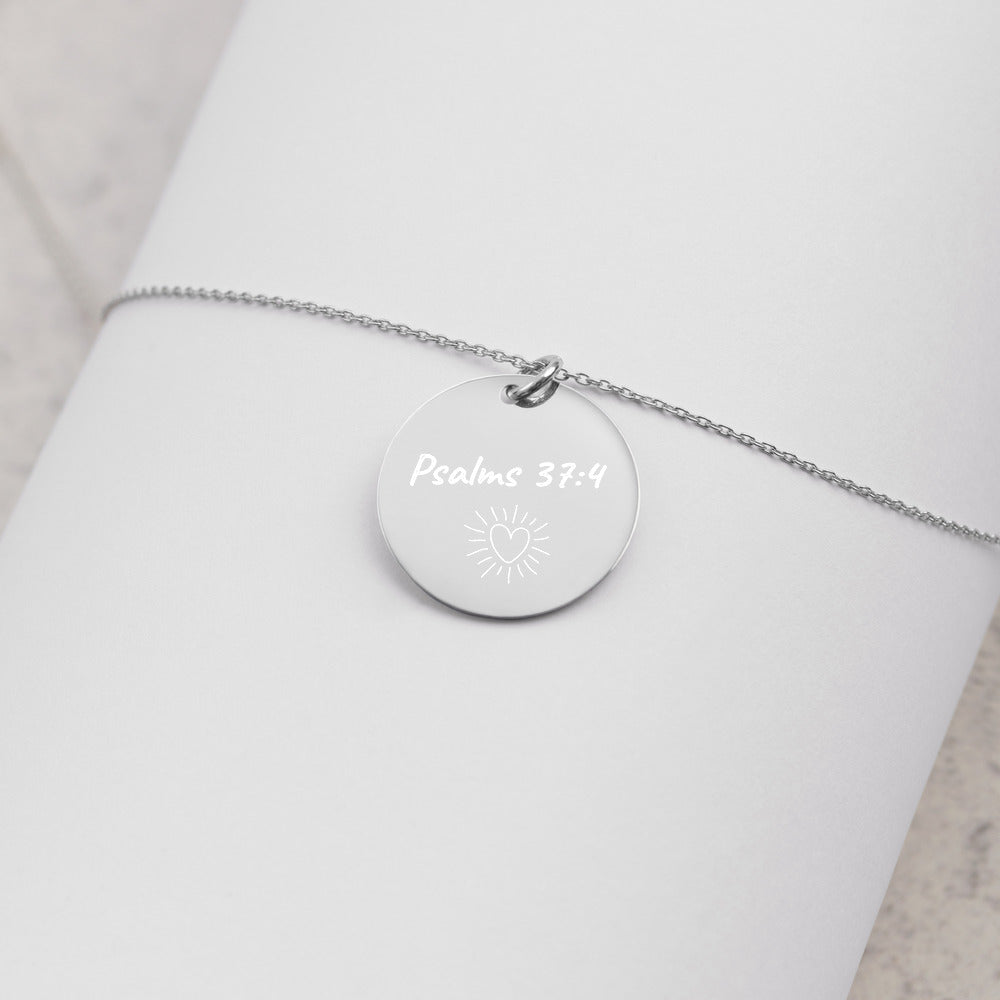 Engraved Silver Disc Necklace | Psalm 37:4 | Heart