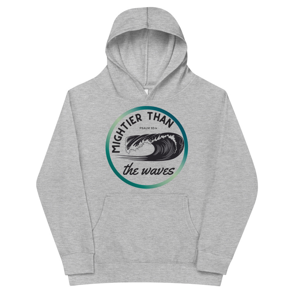 Youth fleece hoodie | Mightier than the waves | Psalm 93:4 | Teal gradient