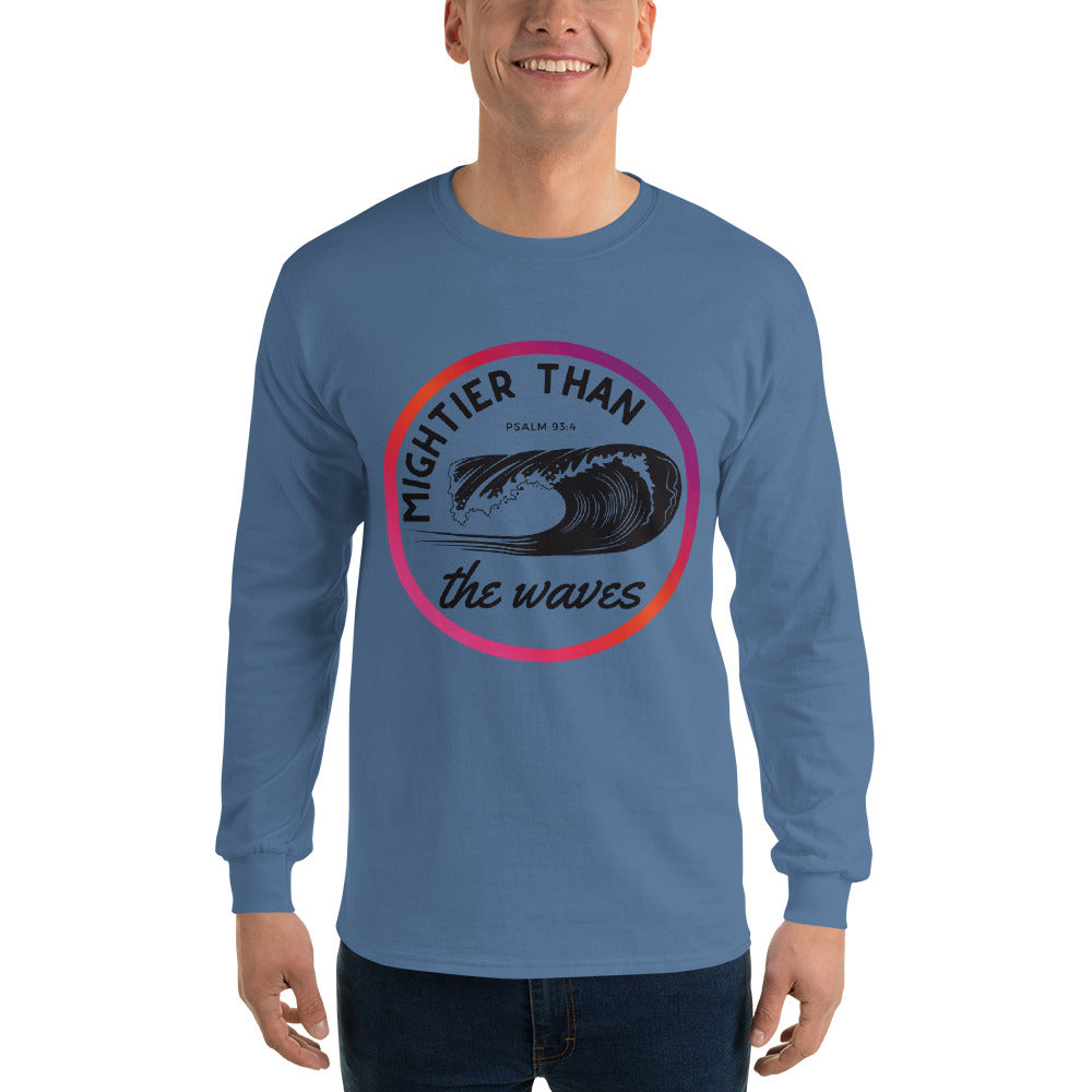 Men’s Long Sleeve | Mightier than the waves | Psalm 93:4 | Sunset gradient