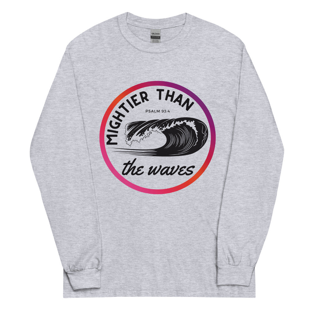 Men’s Long Sleeve | Mightier than the waves | Psalm 93:4 | Sunset gradient