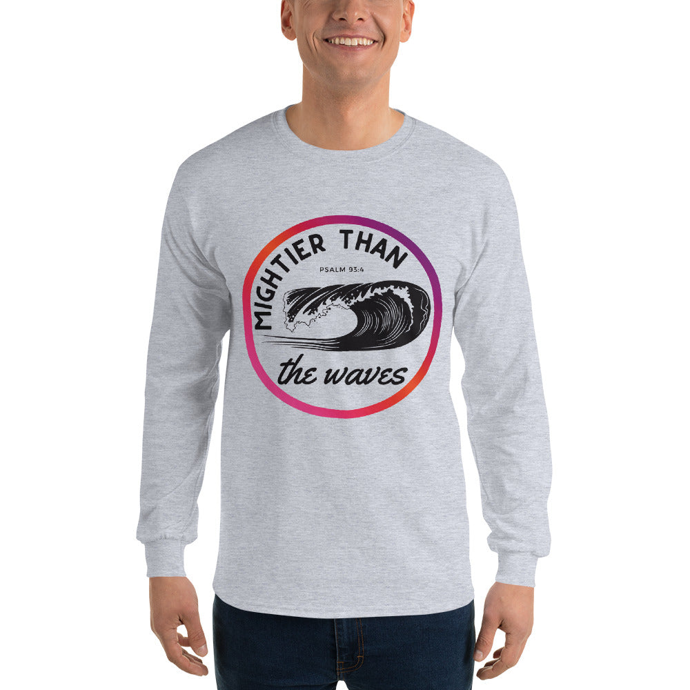 Men’s Long Sleeve | Mightier than the waves | Psalm 93:4 | Sunset gradient