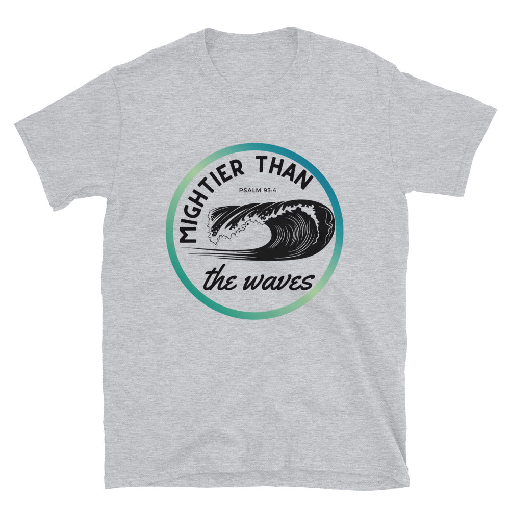 Women's T-Shirt | Mightier than the waves | Psalm 93:4 | Teal gradient