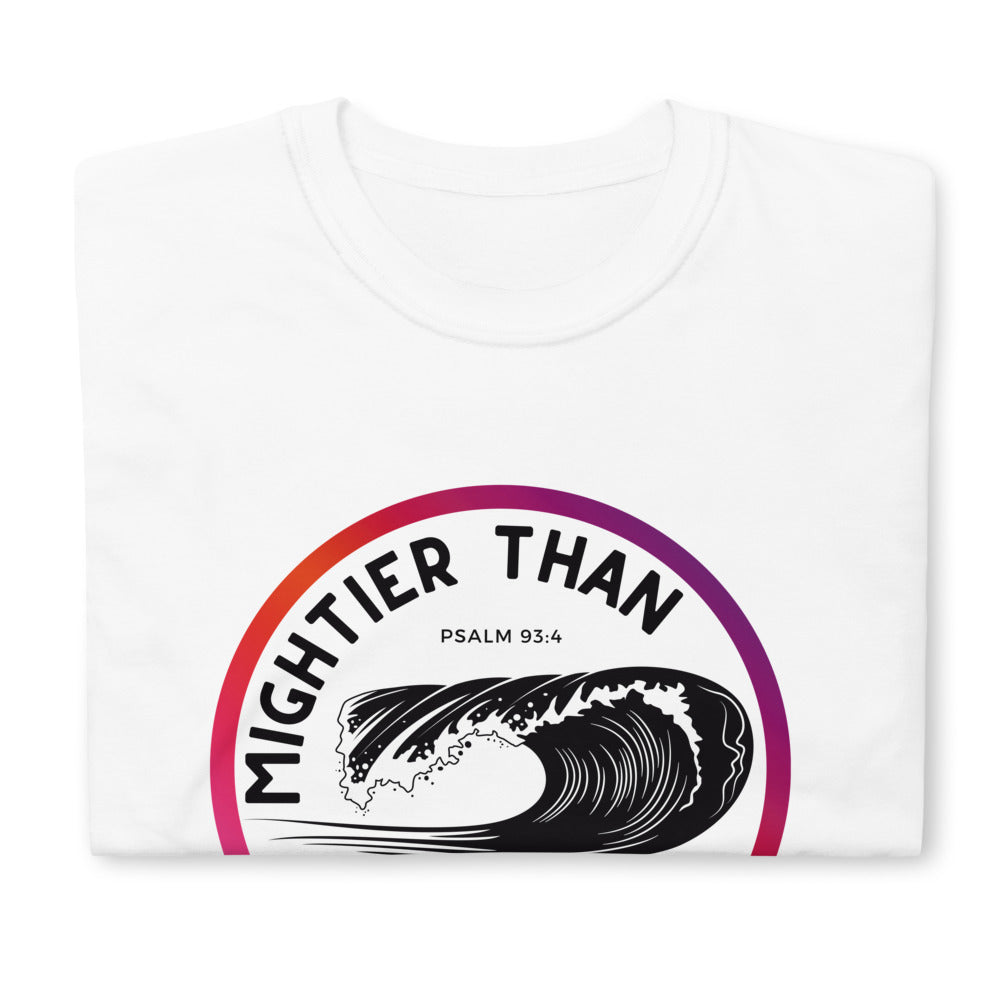 Men's T-Shirt | Mightier than the waves | Psalm 93:4 | Sunset gradient