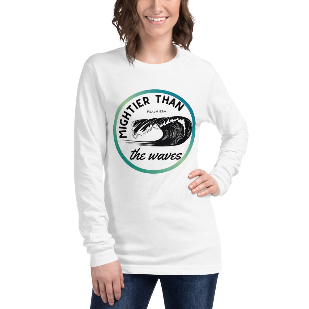 Women's Long Sleeve | Mightier than the waves | Psalm 93:4 | Teal gradient