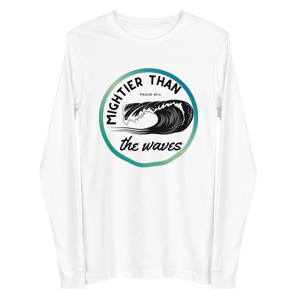 Women's Long Sleeve | Mightier than the waves | Psalm 93:4 | Teal gradient