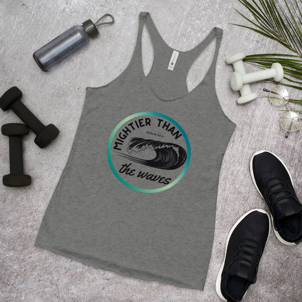 Women's Racerback Tank | Mightier than the waves | Teal gradient | Psalm 93:4