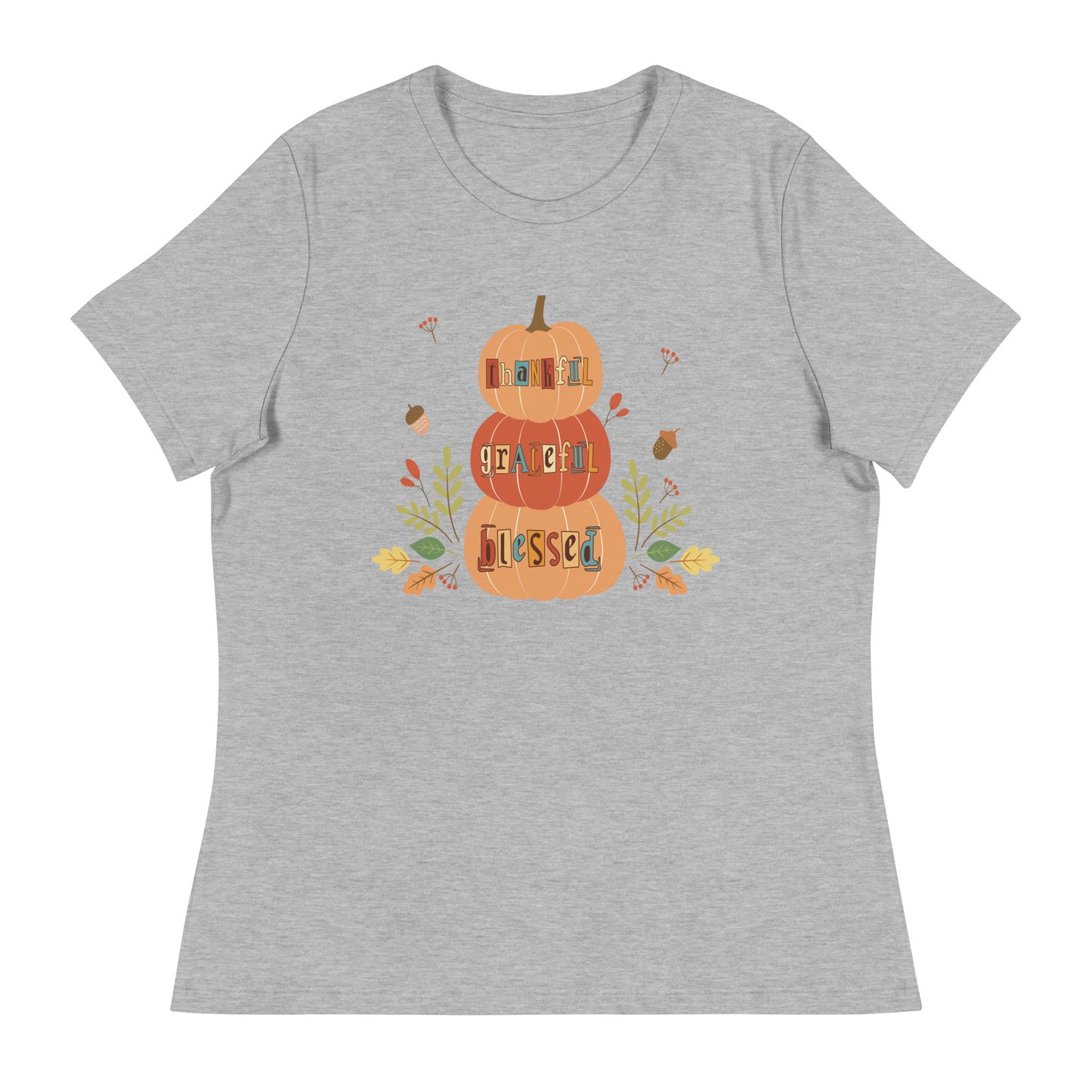 Women's fall tee | Thankful, Grateful, Blessed | Stacked pumpkins