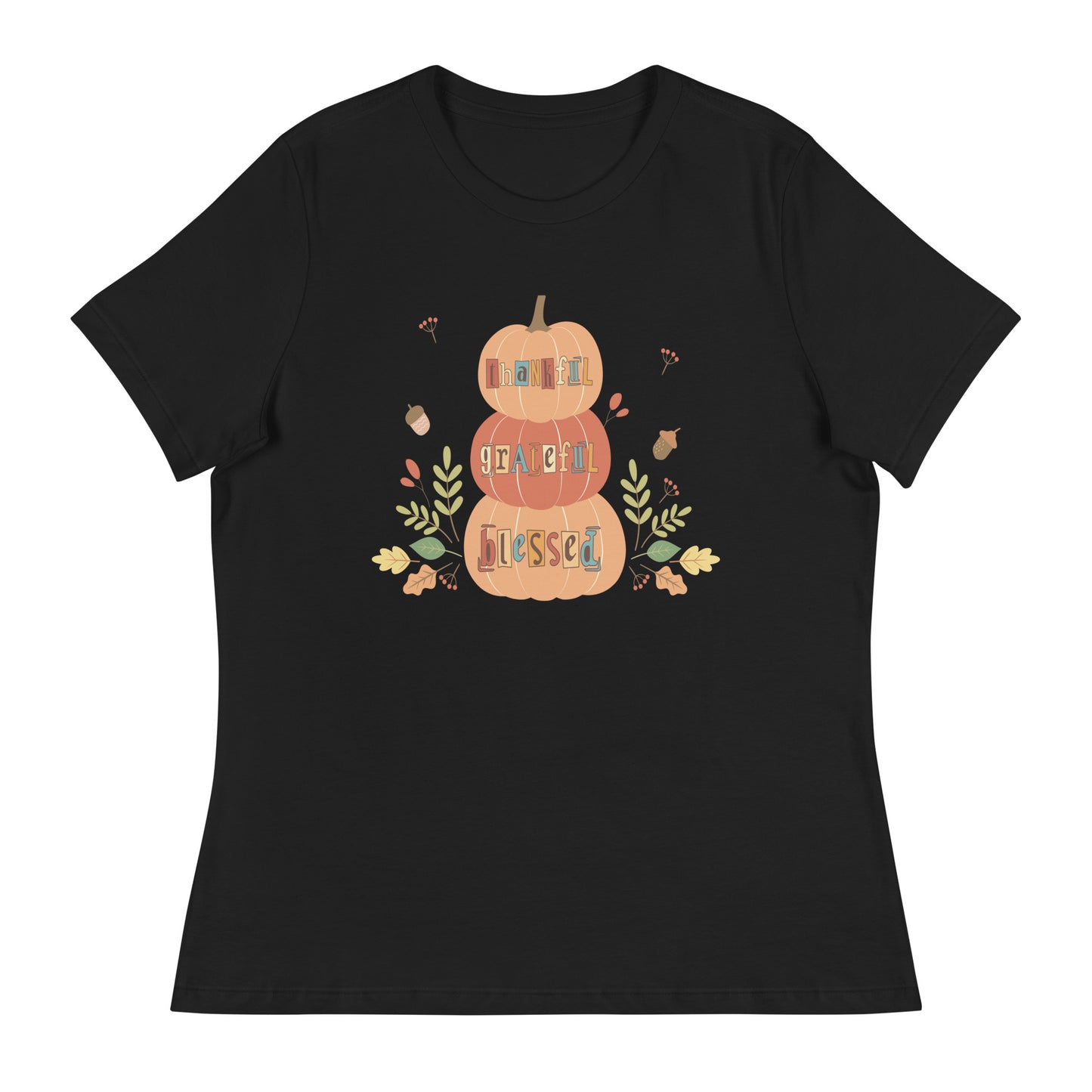 Women's fall tee | Thankful, Grateful, Blessed | Stacked pumpkins