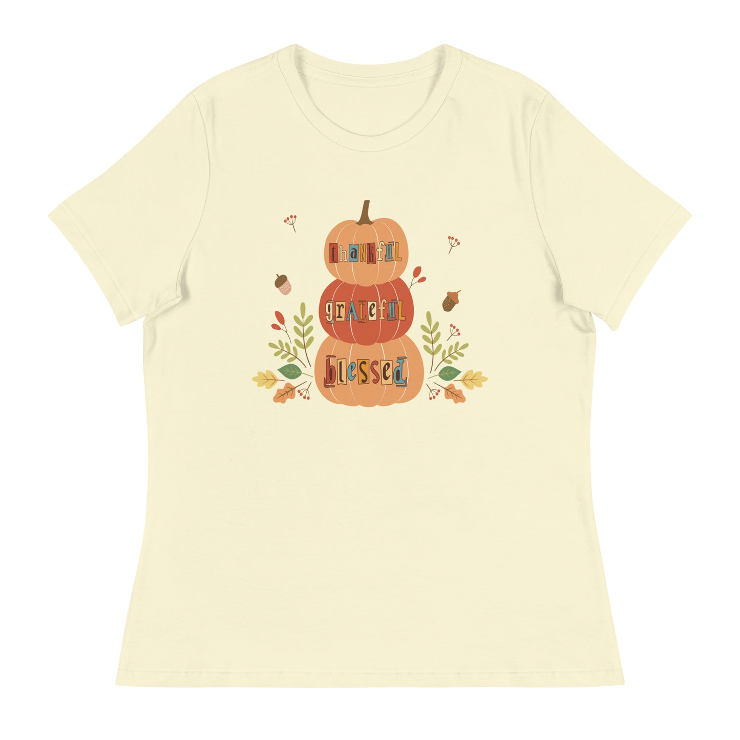 Women's fall tee | Thankful, Grateful, Blessed | Stacked pumpkins