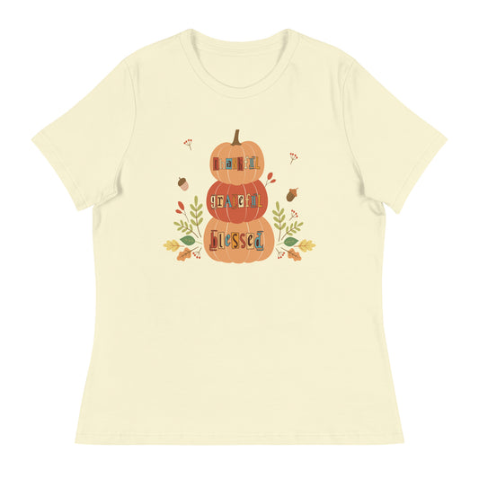 Women's fall tee | Thankful, Grateful, Blessed | Stacked pumpkins