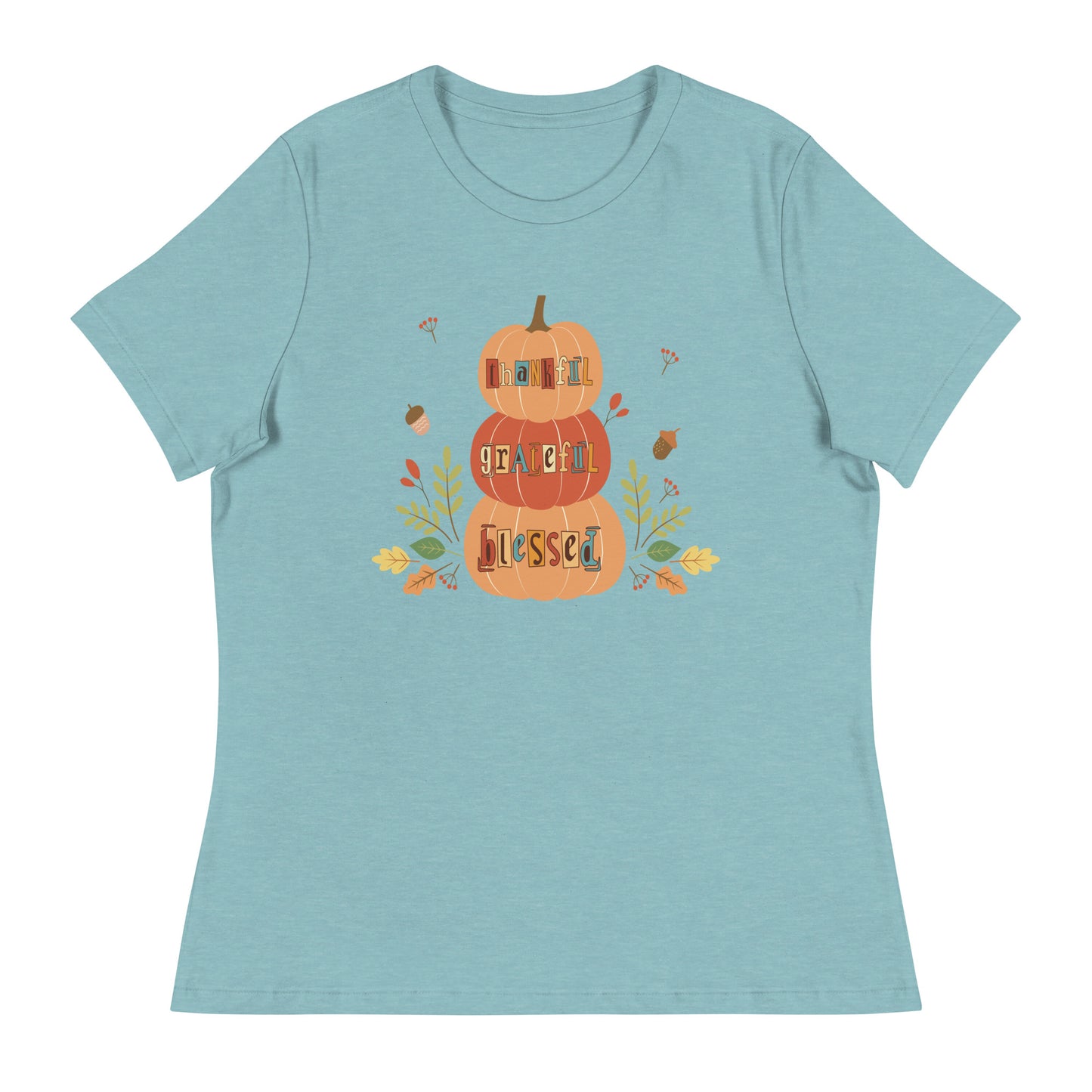 Women's fall tee | Thankful, Grateful, Blessed | Stacked pumpkins