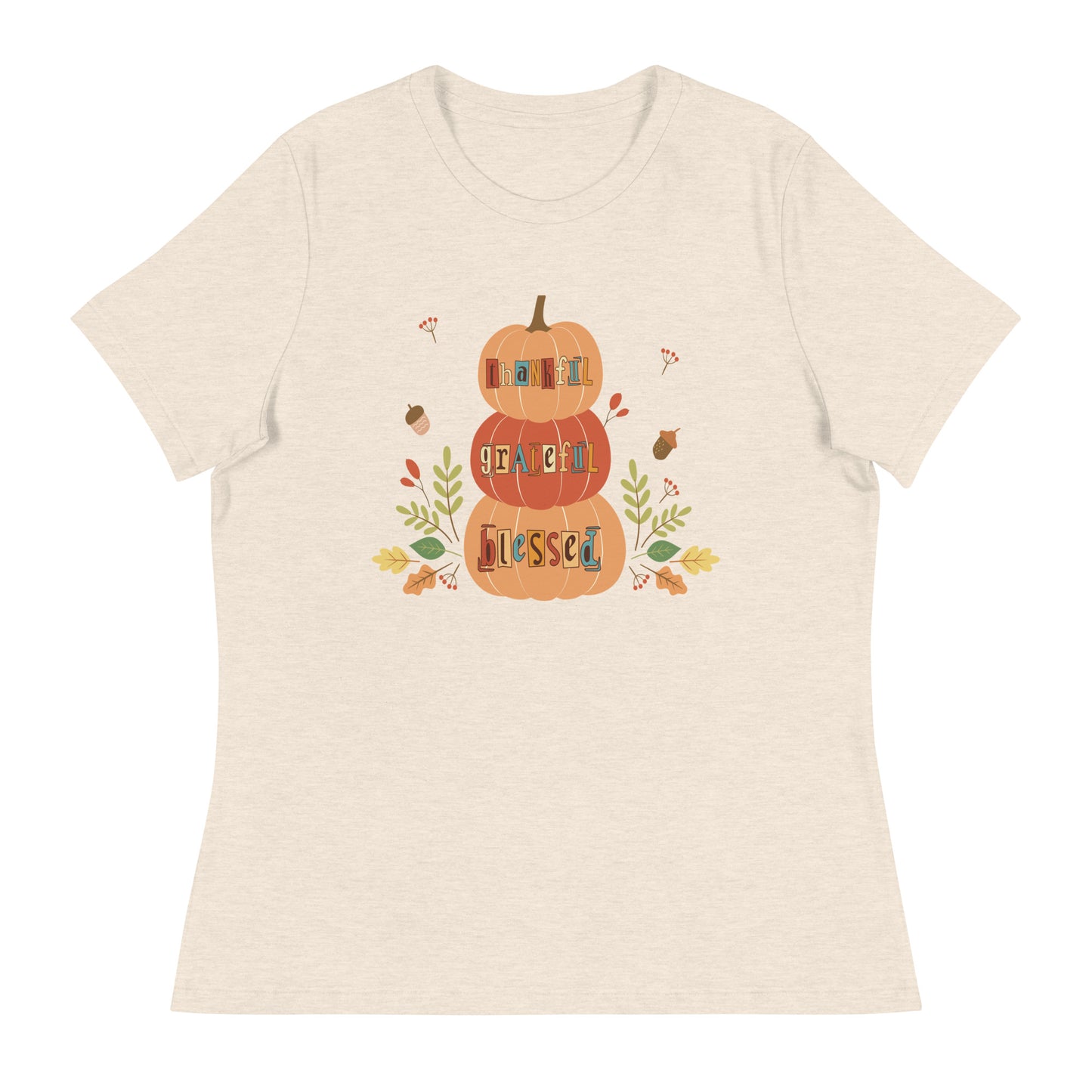 Women's fall tee | Thankful, Grateful, Blessed | Stacked pumpkins