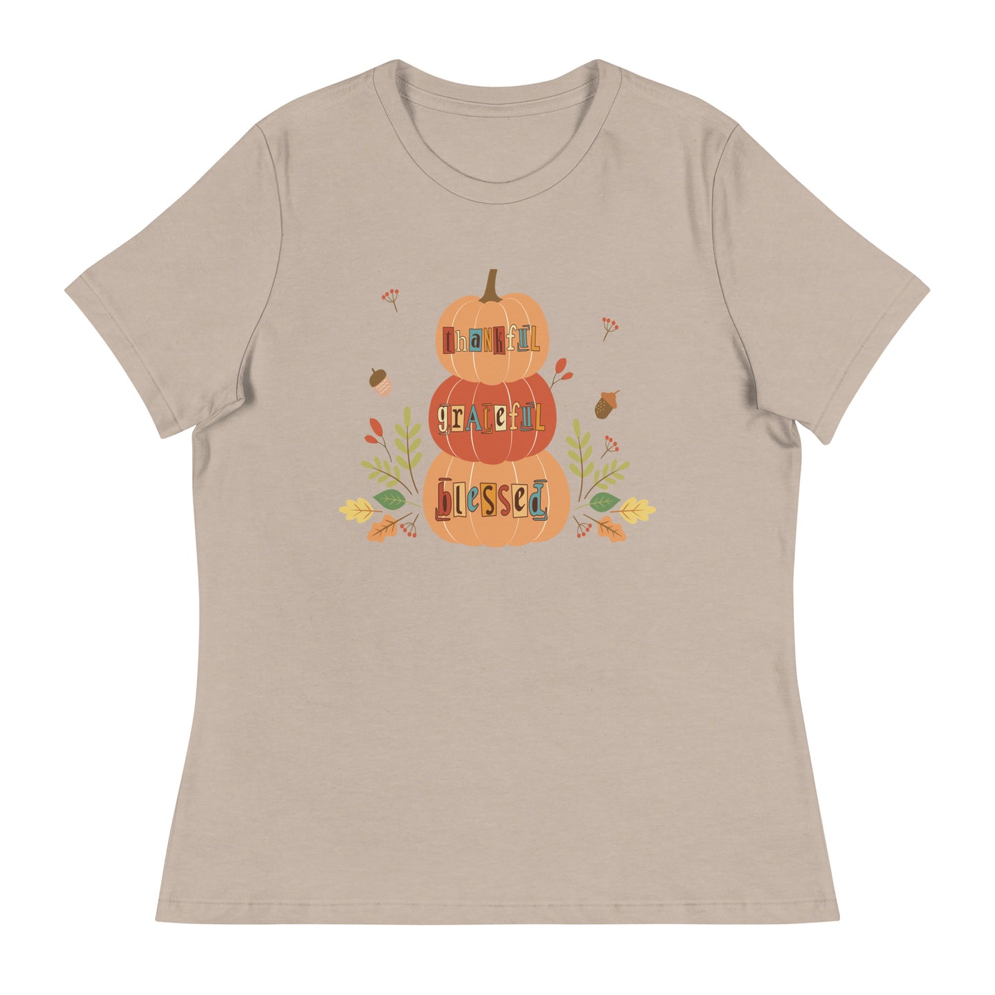 Women's fall tee | Thankful, Grateful, Blessed | Stacked pumpkins