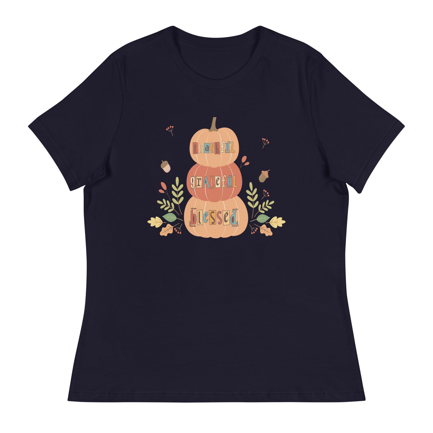 Women's fall tee | Thankful, Grateful, Blessed | Stacked pumpkins