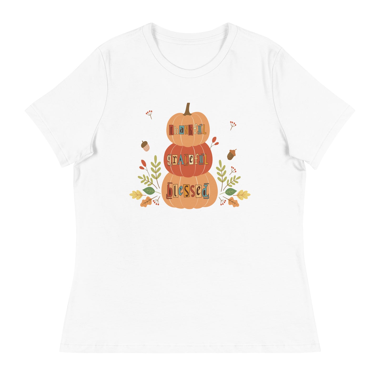 Women's fall tee | Thankful, Grateful, Blessed | Stacked pumpkins